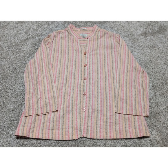 Christopher & Banks Tops - Christopher Banks Womens Striped Stretch Button Front Shirt XL Pink Beige Yellow